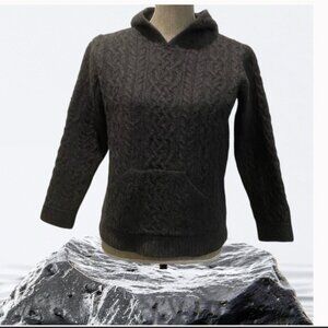 Aran Mor Merino Wool Fisherman Sweater Hooded Cable Knit Pocket Small Grey